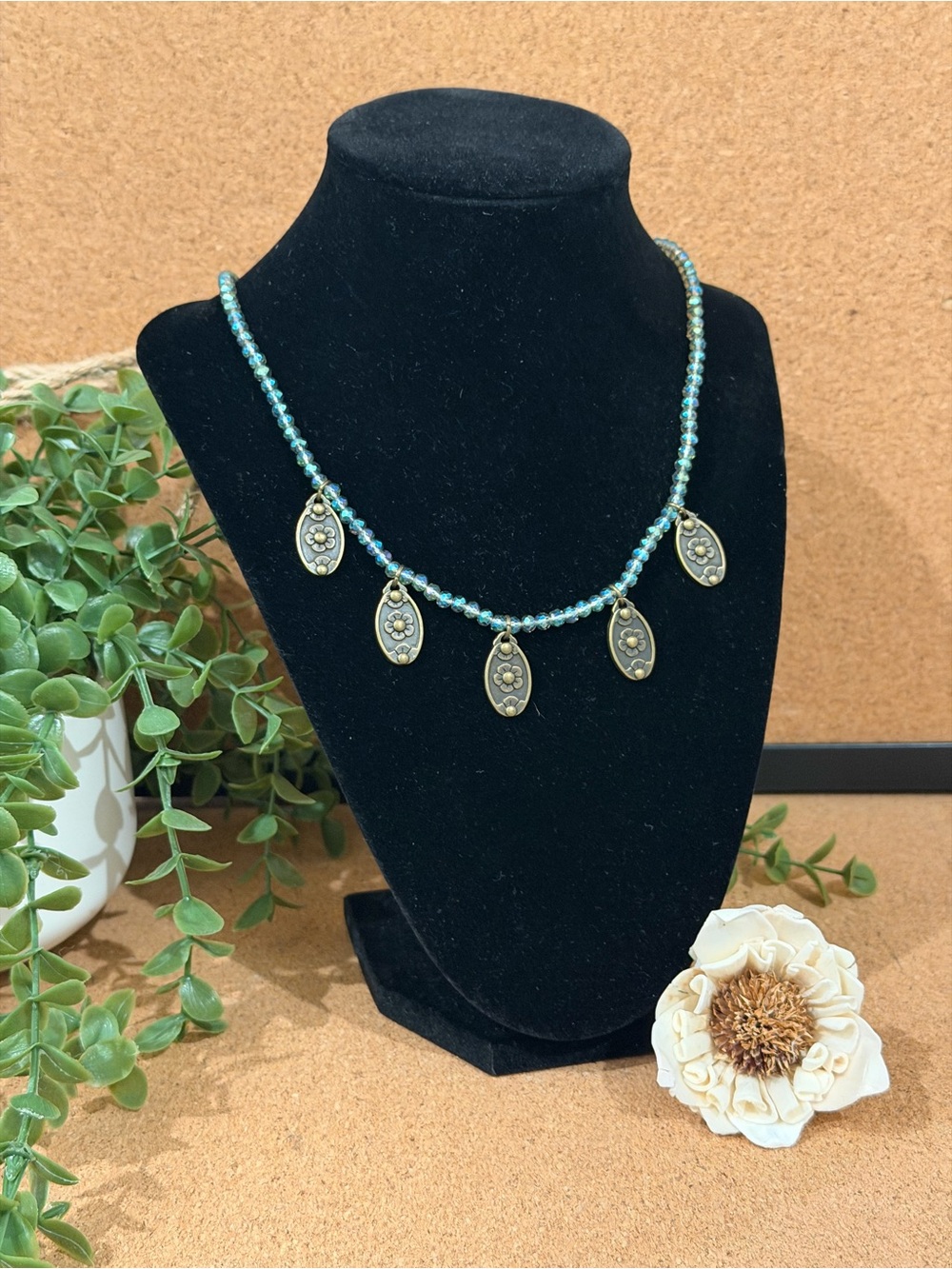 Plunder Turquoise Color Beaded Charm Necklace with Floral Medallions